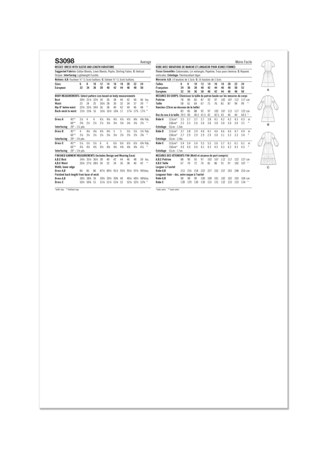 Simplicity S3098 | Simplicity Sewing Pattern Misses' Dress with Sleeve and Length Variations | Back of Envelope