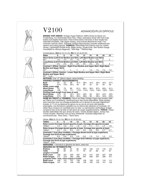 Vogue Patterns V2100 | Vogue Patterns 1980s Misses' Knit Dress by Diane Von Furstenberg | Back of Envelope